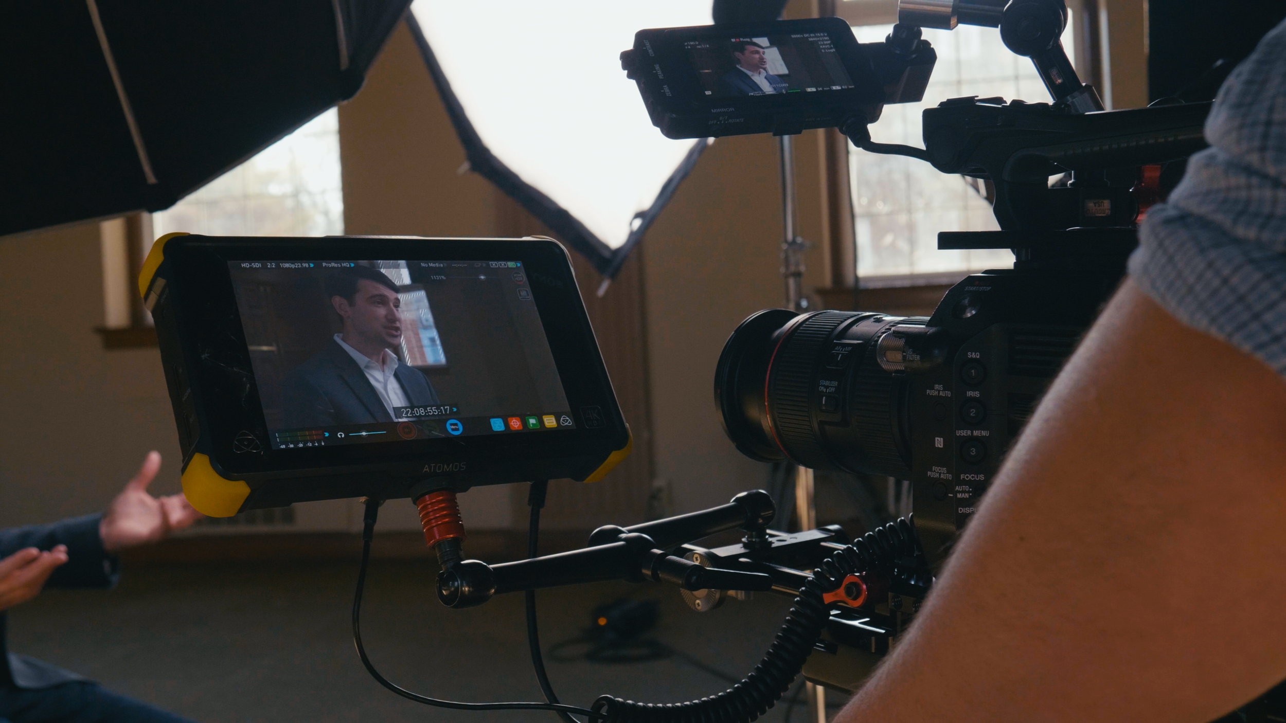A RedFox camera monitor during an interview shoot
